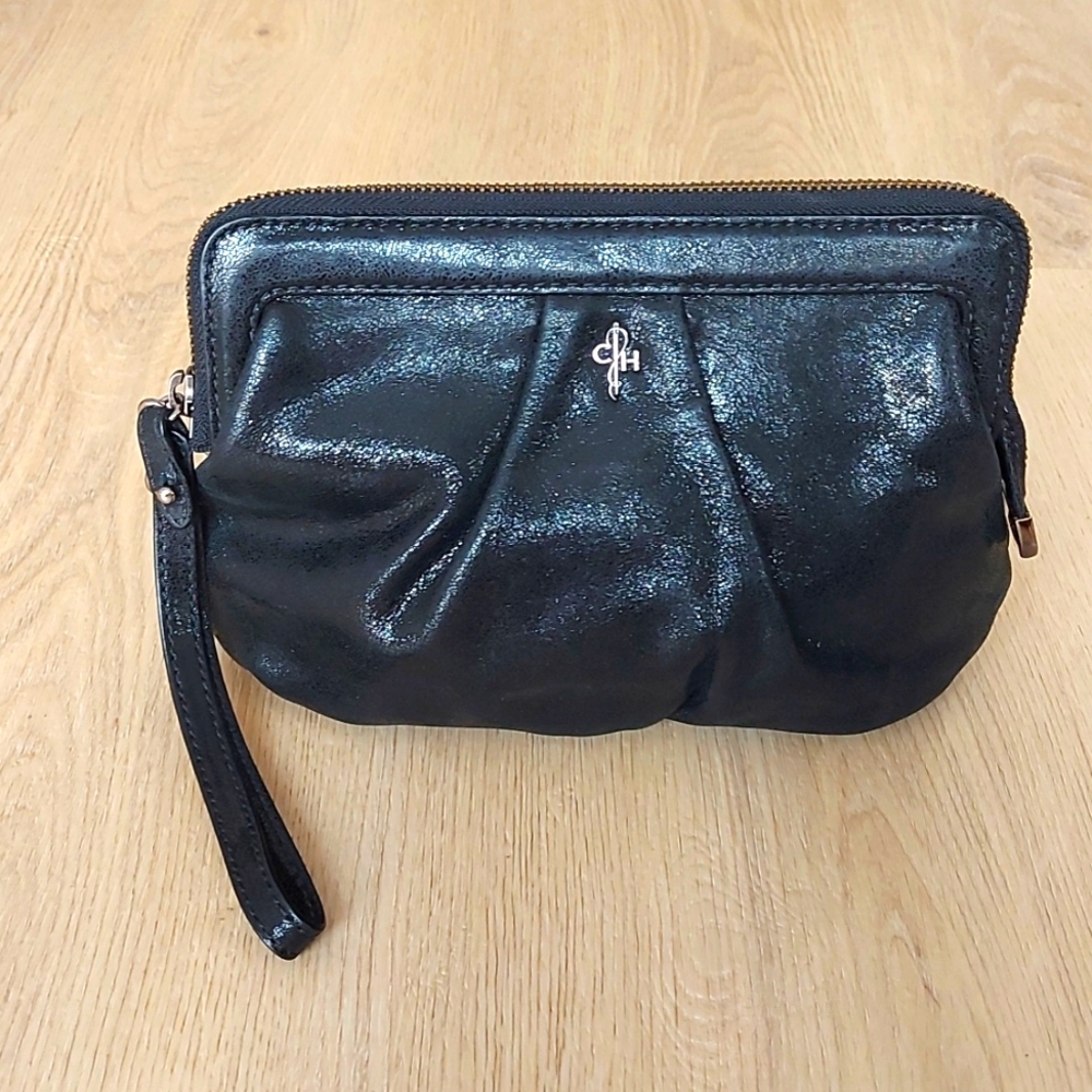 Cole Haan Metallic Black Leather Wristlet Clutch Raspberry Lining Bag